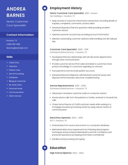 Senior Customer Care Specialist Resume