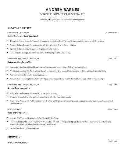 Senior Customer Care Specialist Resume