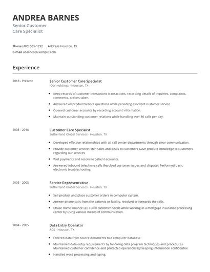 Senior Customer Care Specialist Resume