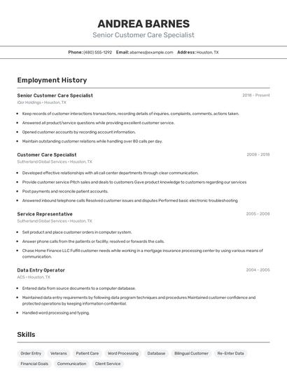 Senior Customer Care Specialist Resume
