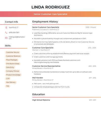 Senior Customer Care Specialist Resume