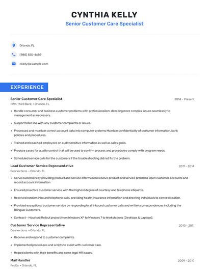 Senior Customer Care Specialist Resume