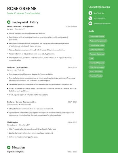 Senior Customer Care Specialist Resume