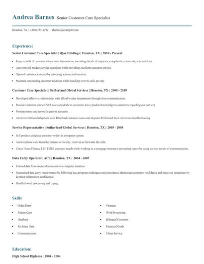 Senior Customer Care Specialist Resume