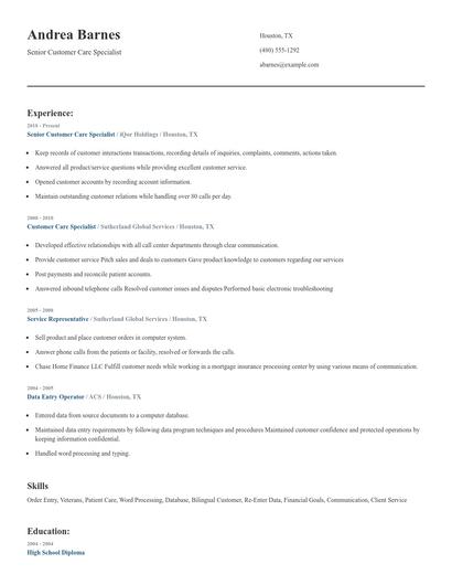 Senior Customer Care Specialist Resume
