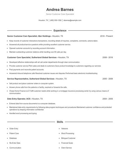 Senior Customer Care Specialist Resume