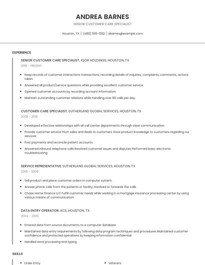 Senior Customer Care Specialist Resume