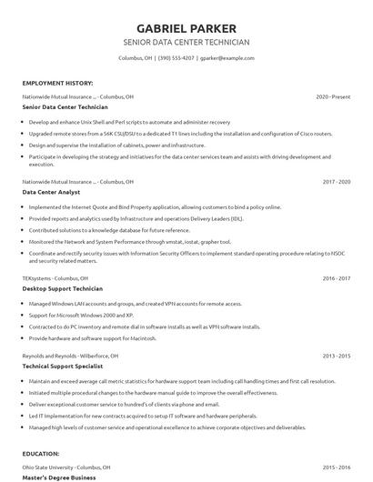 Senior Data Center Technician Resume