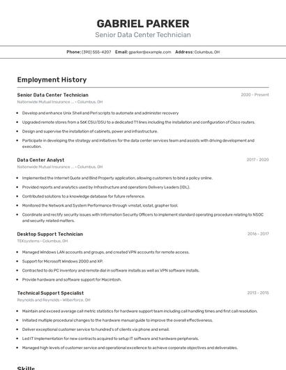 Senior Data Center Technician Resume