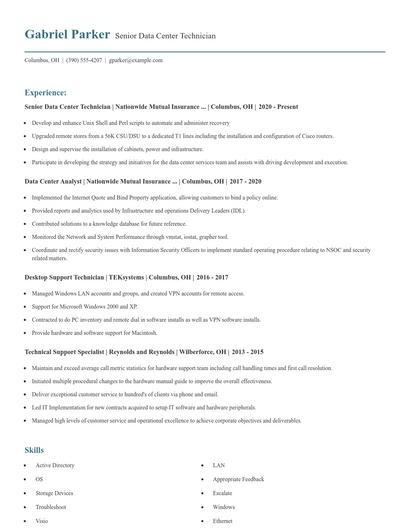 Senior Data Center Technician Resume