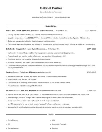 Senior Data Center Technician Resume