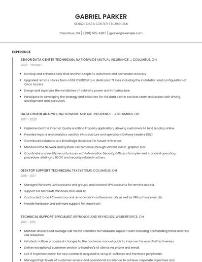 Senior Data Center Technician Resume