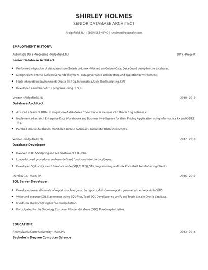 Senior Database Architect Resume