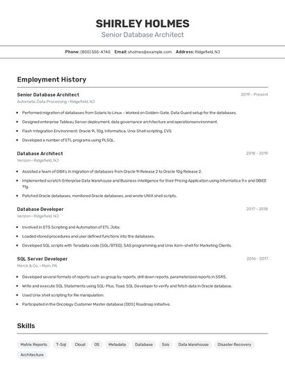 Senior Database Architect Resume