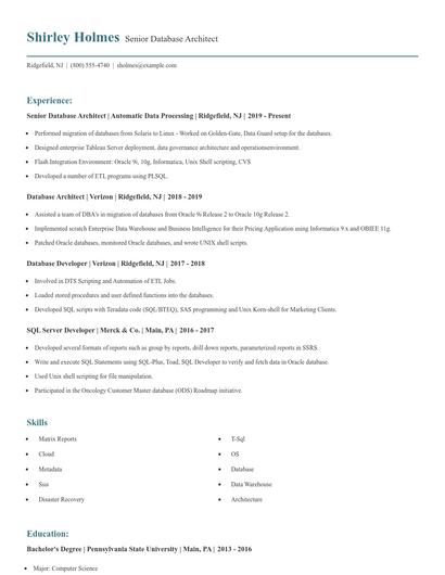 Senior Database Architect Resume
