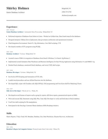 Senior Database Architect Resume