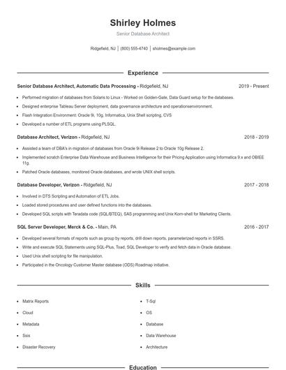 Senior Database Architect Resume