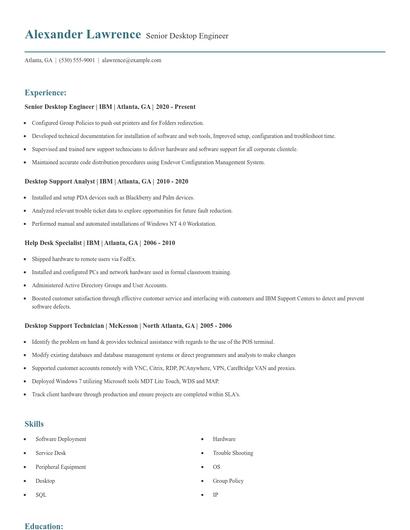 Senior Desktop Engineer Resume