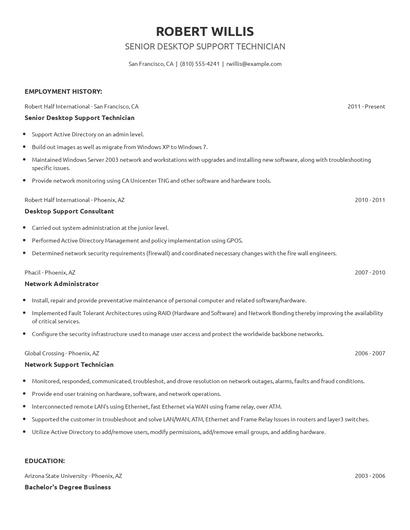 Senior Desktop Support Technician Resume