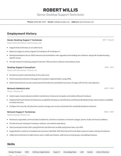 Senior Desktop Support Technician Resume