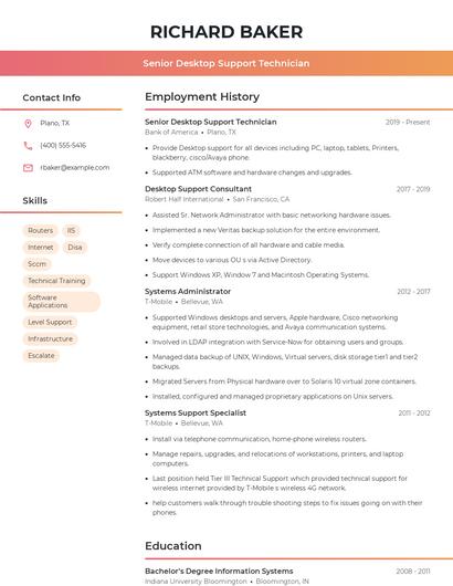 Senior Desktop Support Technician Resume