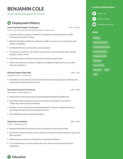 Senior Desktop Support Technician Resume