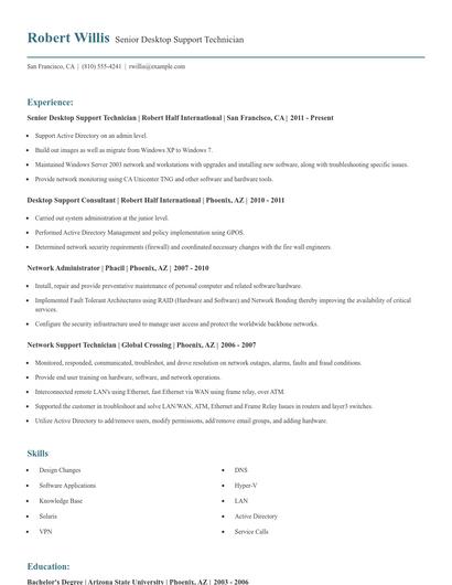 Senior Desktop Support Technician Resume