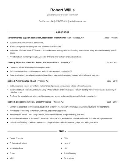Senior Desktop Support Technician Resume