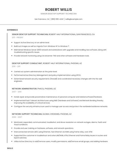 Senior Desktop Support Technician Resume