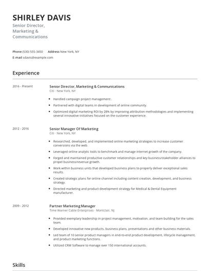 Senior Director, Marketing & Communications Resume