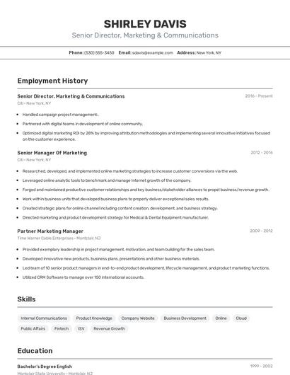 Senior Director, Marketing & Communications Resume