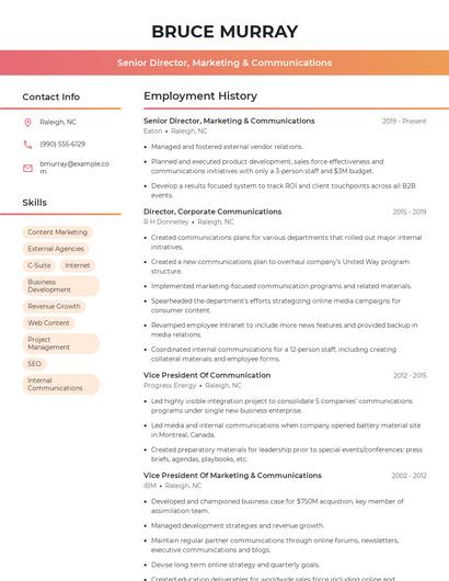 Senior Director, Marketing & Communications Resume