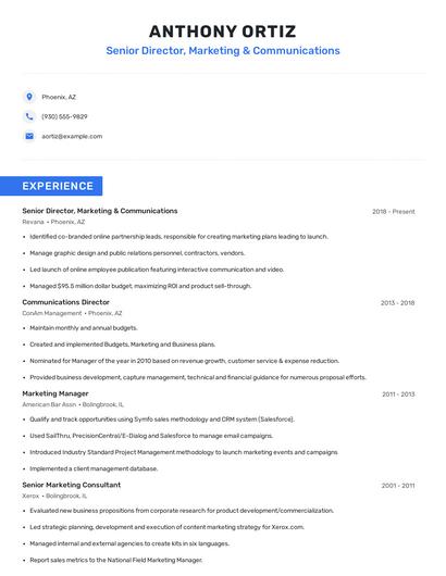 Senior Director, Marketing & Communications Resume