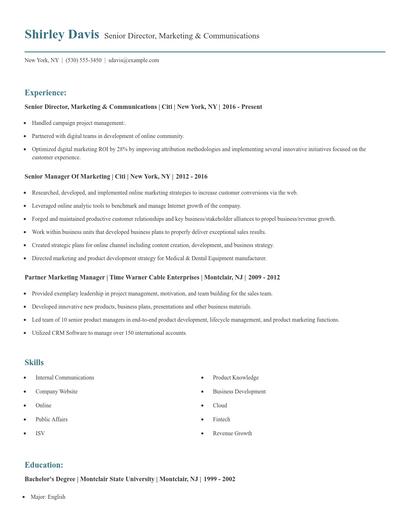 Senior Director, Marketing & Communications Resume