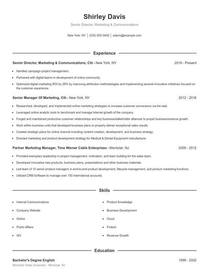 Senior Director, Marketing & Communications Resume