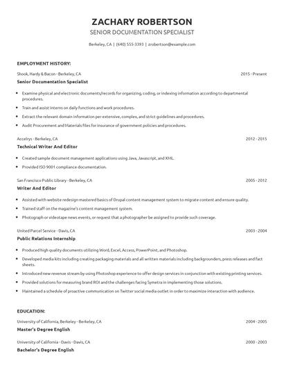 Senior Documentation Specialist Resume