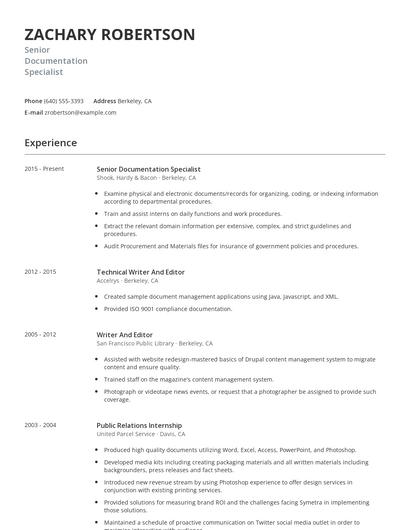 Senior Documentation Specialist Resume