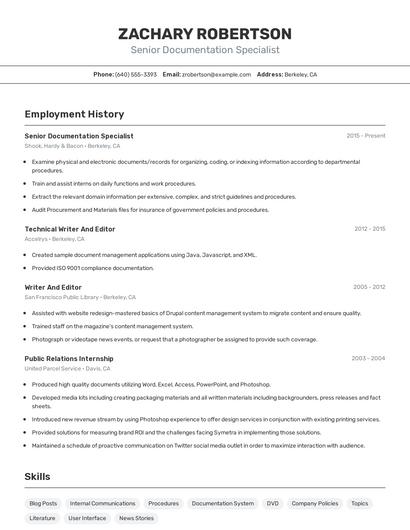 Senior Documentation Specialist Resume