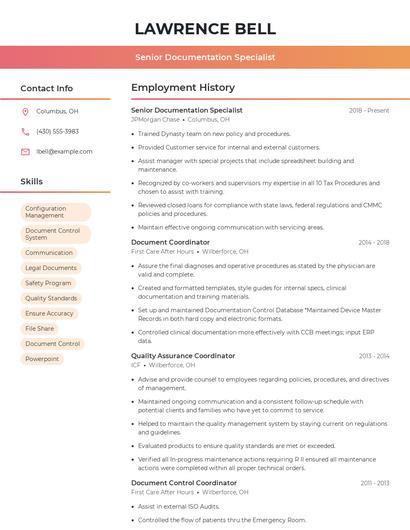 Senior Documentation Specialist Resume