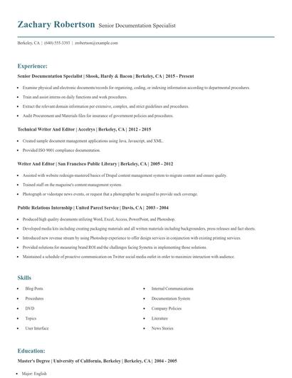 Senior Documentation Specialist Resume