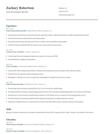 Senior Documentation Specialist Resume