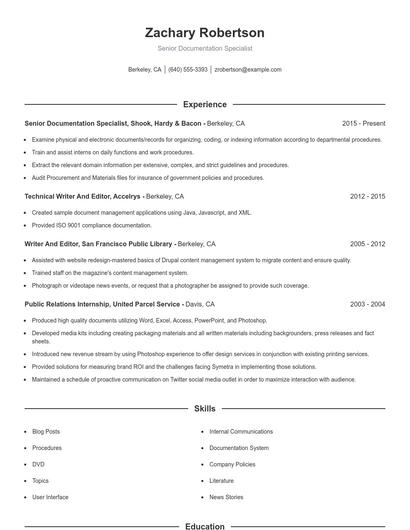 Senior Documentation Specialist Resume