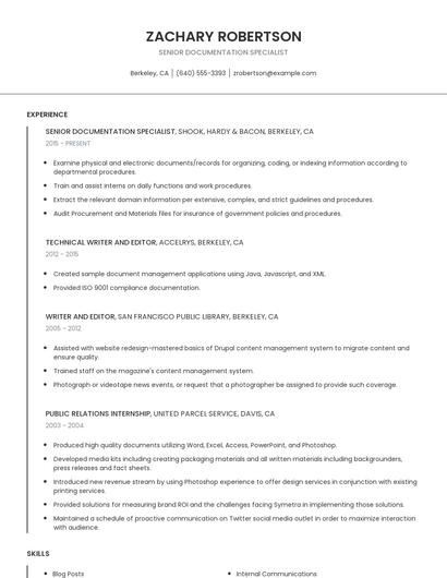 Senior Documentation Specialist Resume