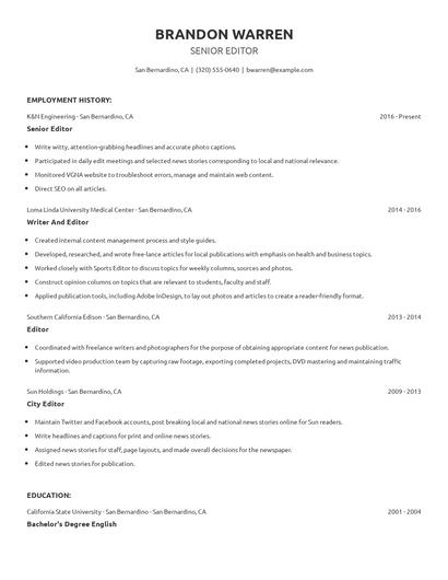 Senior Editor Resume