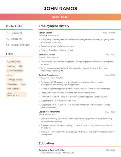 Senior Editor Resume