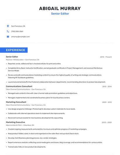 Senior Editor Resume