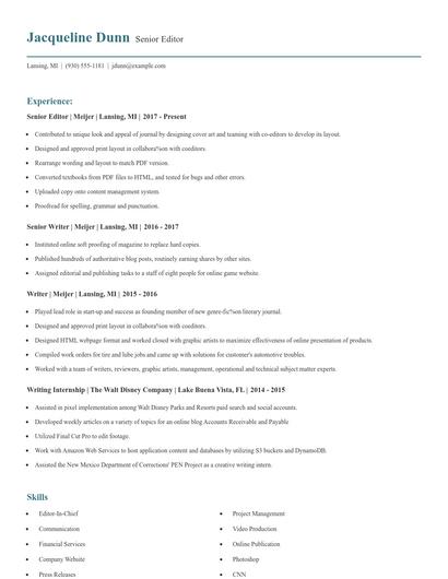 Senior Editor Resume