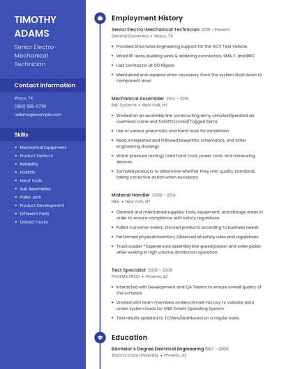 Senior Electro-Mechanical Technician Resume