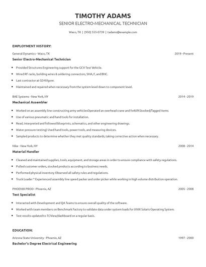 Senior Electro-Mechanical Technician Resume
