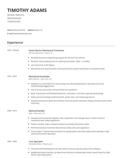 Senior Electro-Mechanical Technician Resume